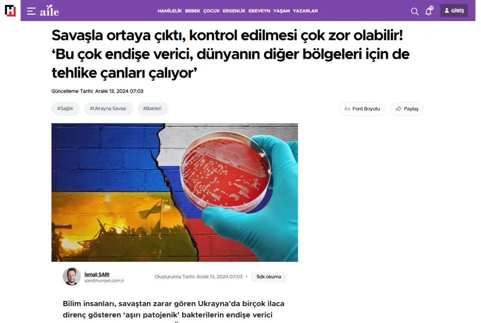 Hürriyet haberi ekran görüntüsü: Savaşla ortaya çıktı, kontrol edilmesi çok zor olabilir! 'Bu çok endişe verici, dünyanın diğer bölgeleri için de tehlike çanları çalıyor'
