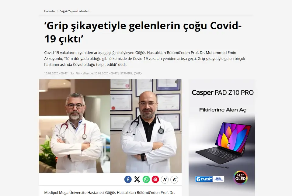DHA haberi ekran görüntüsü: 'Grip şikayetiyle gelenlerin çoğu Covid-19 çıktı'