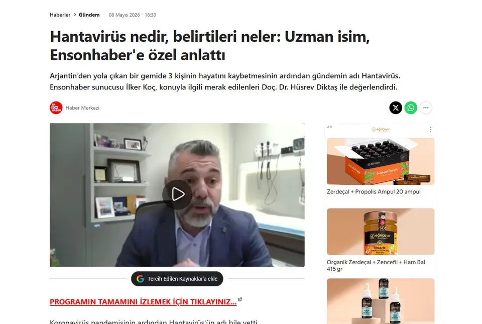 Ensonhaber haberi ekran görüntüsü: Hantavirüs nedir, belirtileri neler: Uzman isim, Ensonhaber'e özel anlattı