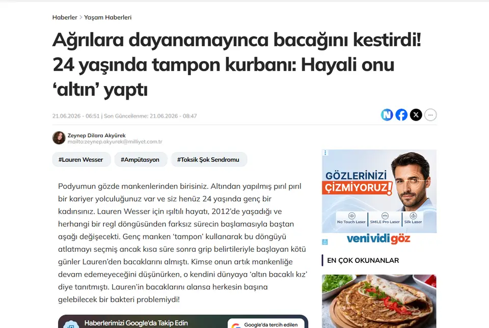 Milliyet haberi ekran görüntüsü: Ağrılara dayanamayınca bacağını kestirdi! 24 yaşında tampon kurbanı: Hayali onu 'altın' yaptı