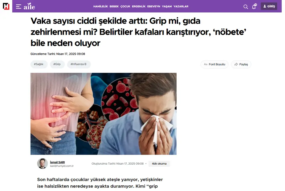 Hürriyet haberi ekran görüntüsü: Vaka sayısı ciddi şekilde arttı: Grip mi, gıda zehirlenmesi mi? Belirtiler kafaları karıştırıyor, 'nöbete' bile neden oluyor