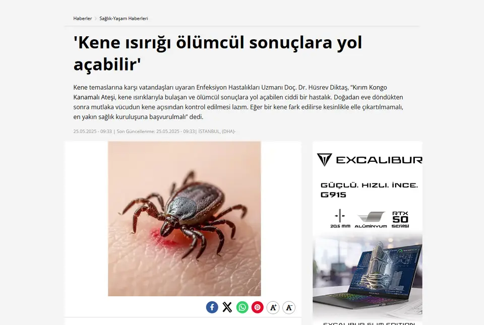 DHA haberi ekran görüntüsü: 'Kene ısırığı ölümcül sonuçlara yol açabilir'