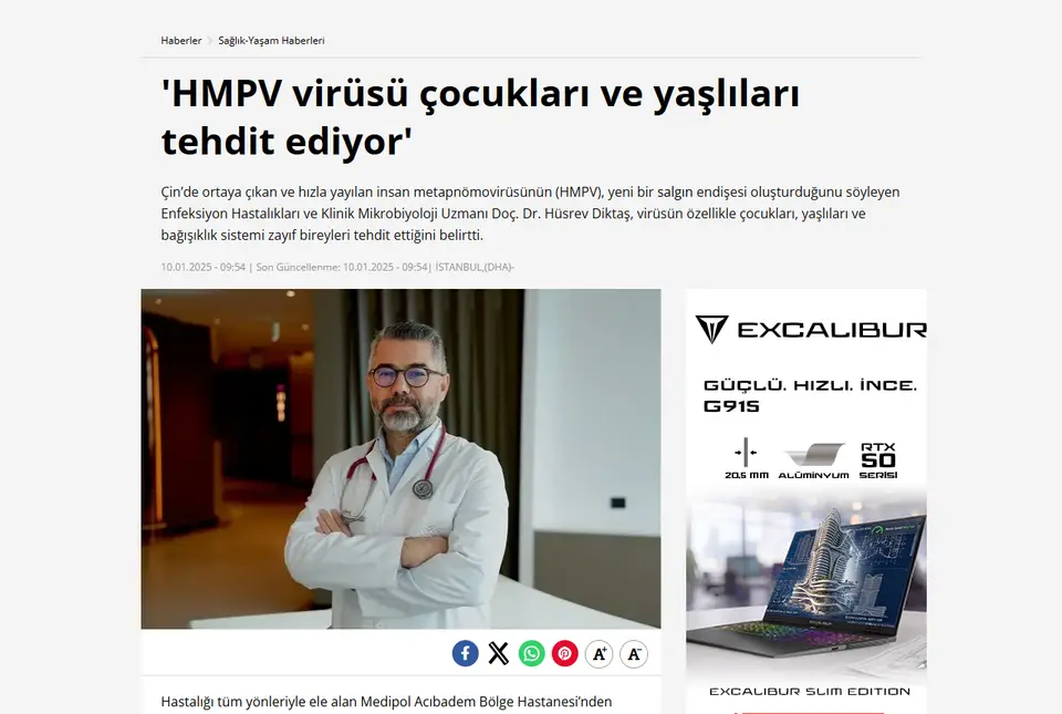 DHA haberi ekran görüntüsü: 'HMPV virüsü çocukları ve yaşlıları tehdit ediyor'