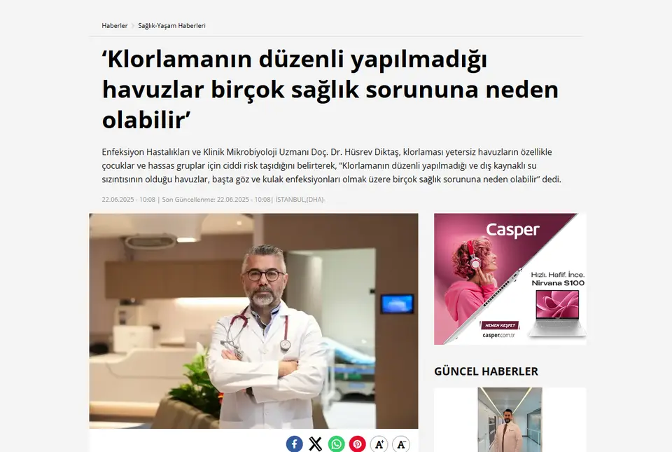 DHA haberi ekran görüntüsü: 'Klorlamanın düzenli yapılmadığı havuzlar birçok sağlık sorununa neden olabilir'