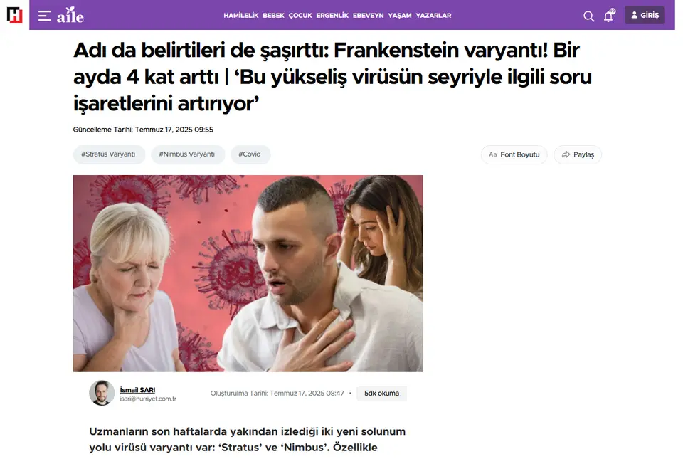 Hürriyet haberi ekran görüntüsü: Adı da belirtileri de şaşırttı: Frankenstein varyantı! Bir ayda 4 kat arttı | 'Bu yükseliş virüsün seyriyle ilgili soru işaretlerini artırıyor'