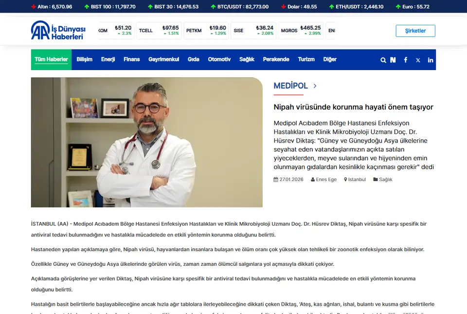Anadolu Ajansı haberi ekran görüntüsü: Nipah virüsünde korunma hayati önem taşıyor