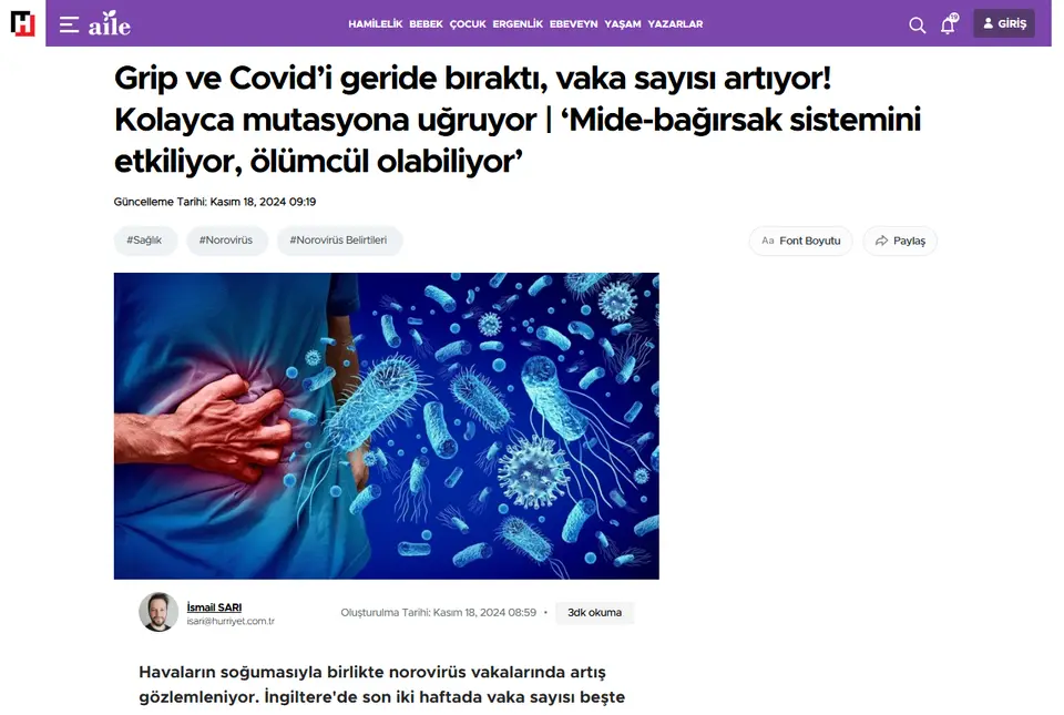 Hürriyet haberi ekran görüntüsü: Grip ve Covid'i geride bıraktı, vaka sayısı artıyor! Kolayca mutasyona uğruyor | 'Mide-bağırsak sistemini etkiliyor, ölümcül olabiliyor'