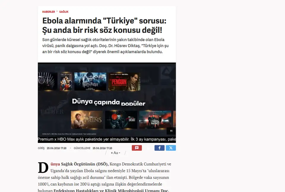 Haber7 haberi ekran görüntüsü: Ebola alarmında "Türkiye" sorusu: Şu anda bir risk söz konusu değil!