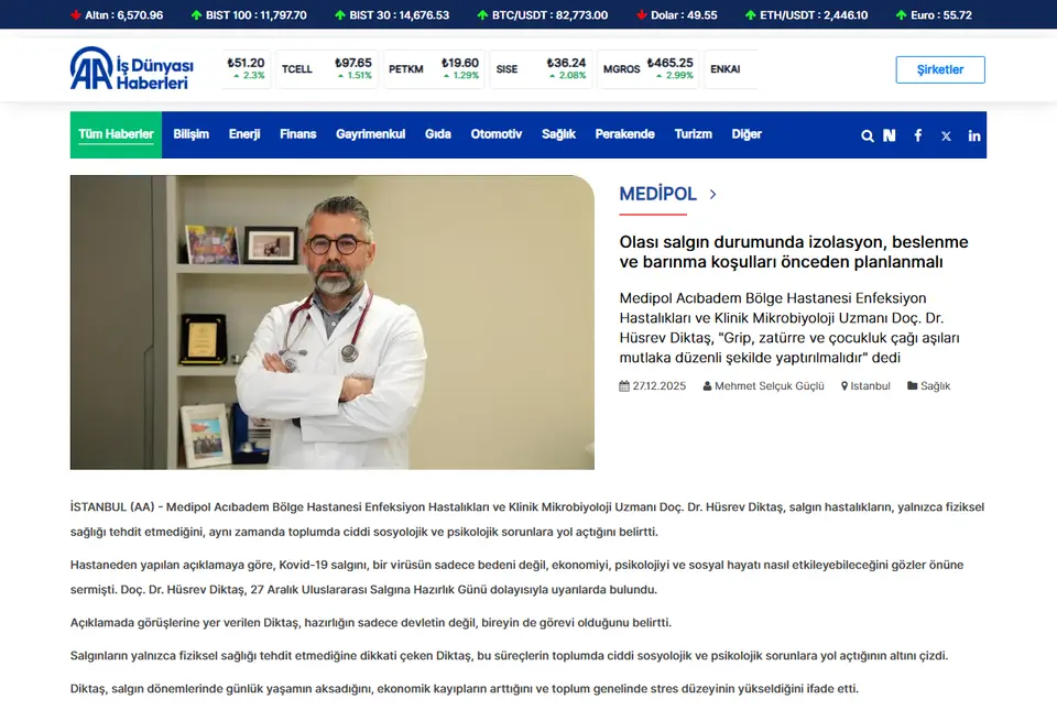 Anadolu Ajansı haberi ekran görüntüsü: Olası salgın durumunda izolasyon, beslenme ve barınma koşulları önceden planlanmalı