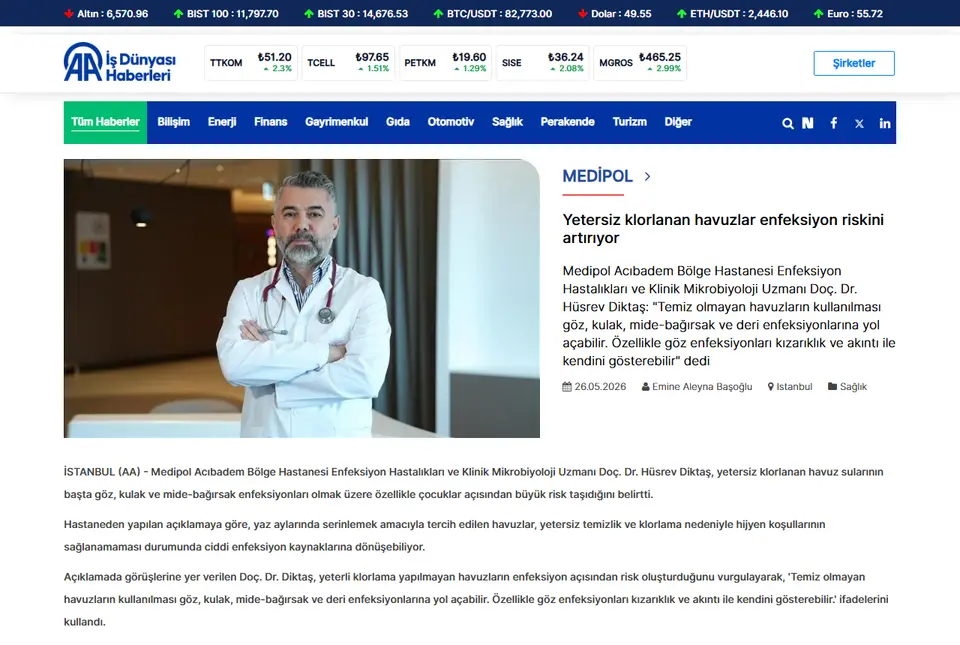 Anadolu Ajansı haberi ekran görüntüsü: Yetersiz klorlanan havuzlar enfeksiyon riskini artırıyor