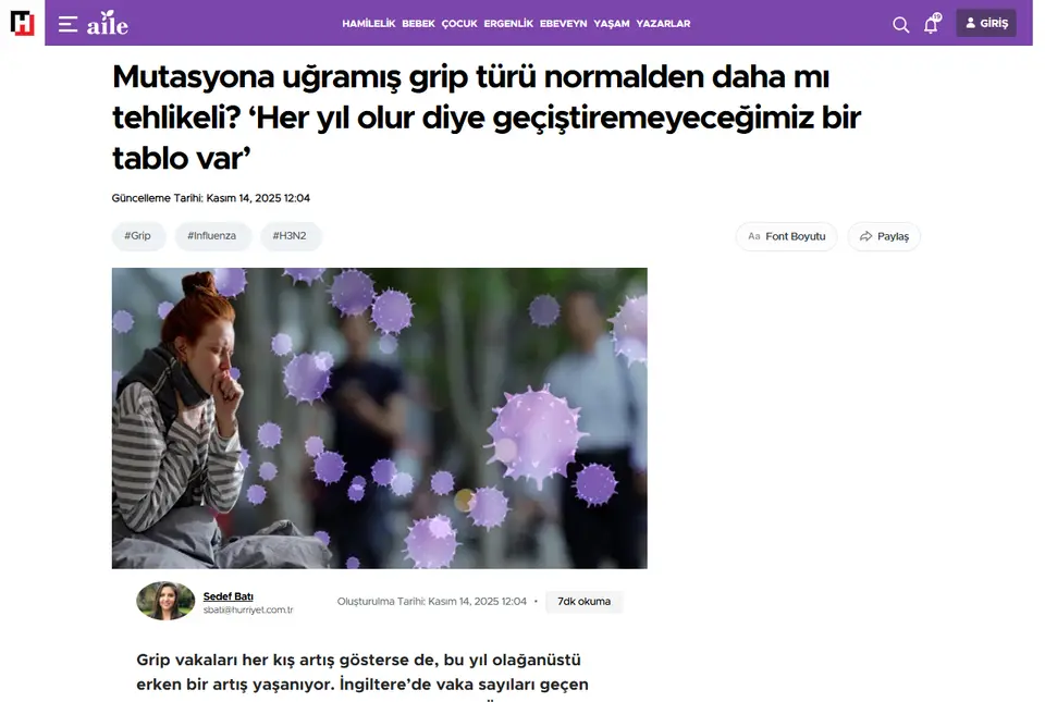 Hürriyet haberi ekran görüntüsü: Mutasyona uğramış grip türü normalden daha mı tehlikeli? 'Her yıl olur diye geçiştiremeyeceğimiz bir tablo var'