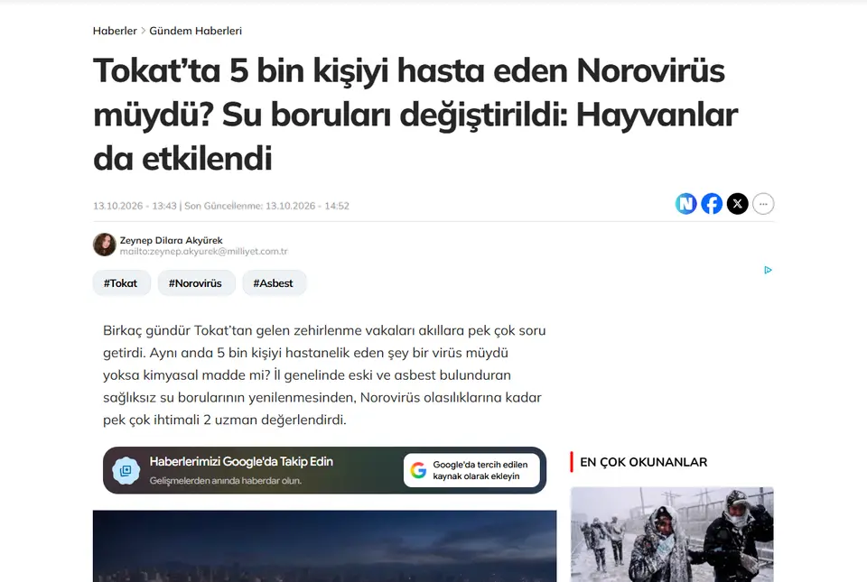Milliyet haberi ekran görüntüsü: Tokat'ta 5 bin kişiyi hasta eden Norovirüs müydü? Su boruları değiştirildi: Hayvanlar da etkilendi