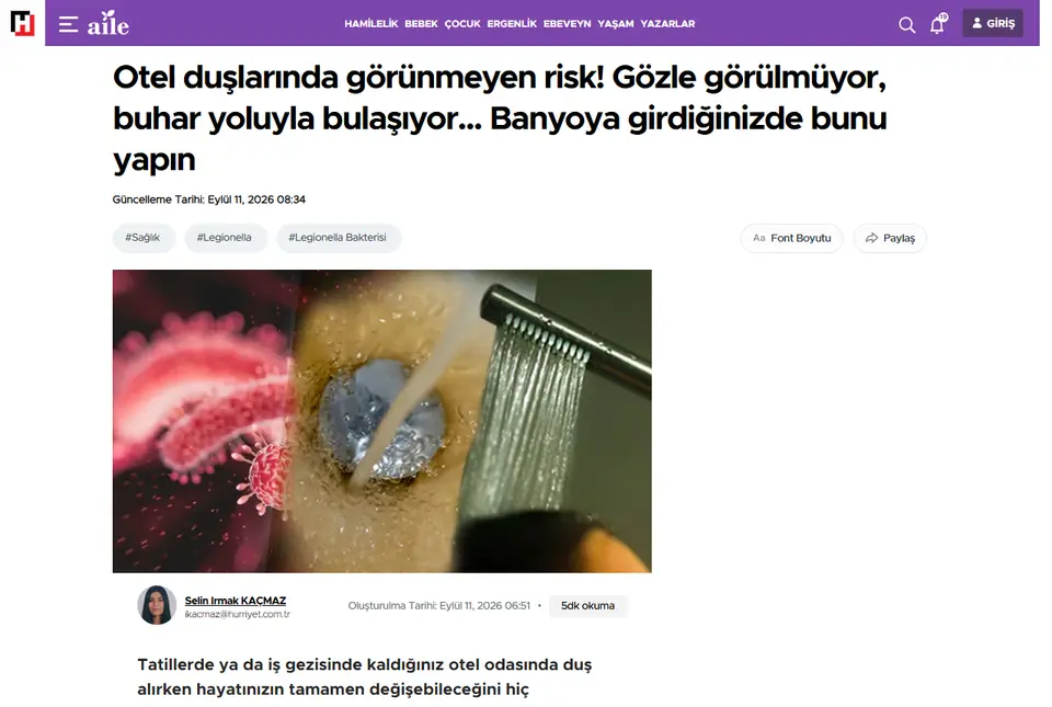 Hürriyet haberi ekran görüntüsü: Otel duşlarında görünmeyen risk! Gözle görülmüyor, buhar yoluyla bulaşıyor... Banyoya girdiğinizde bunu yapın