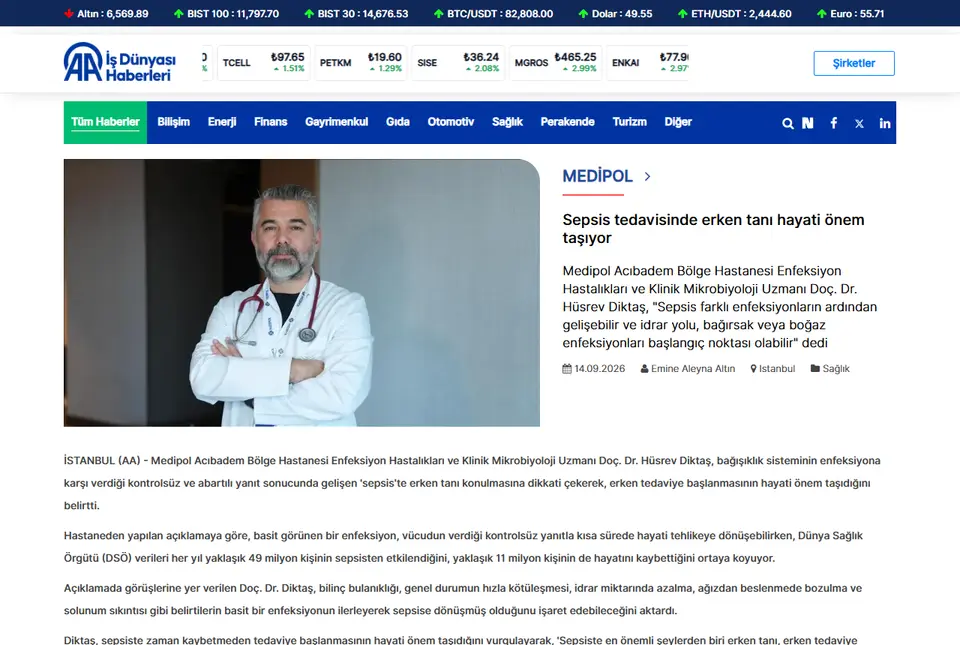 Anadolu Ajansı haberi ekran görüntüsü: Sepsis tedavisinde erken tanı hayati önem taşıyor