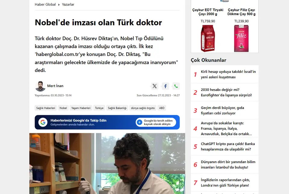 Haber Global haberi ekran görüntüsü: Nobel'de imzası olan Türk doktor