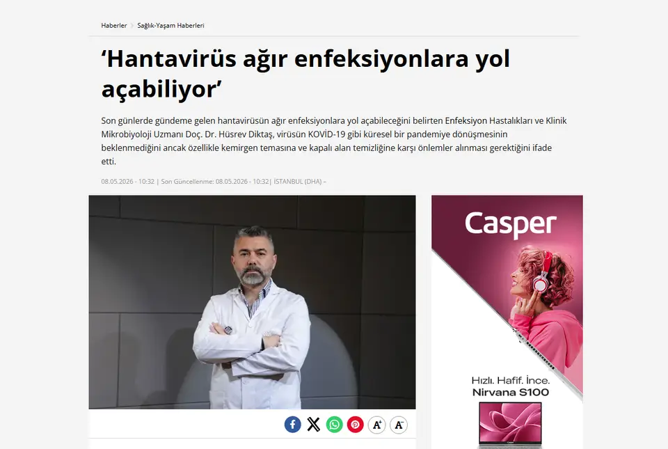 DHA haberi ekran görüntüsü: 'Hantavirüs ağır enfeksiyonlara yol açabiliyor'