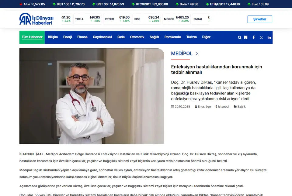 Anadolu Ajansı haberi ekran görüntüsü: Enfeksiyon hastalıklarından korunmak için tedbir alınmalı
