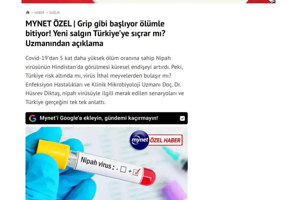 Mynet haberi ekran görüntüsü: MYNET ÖZEL | Grip gibi başlıyor ölümle bitiyor! Yeni salgın Türkiye'ye sıçrar mı? Uzmanından açıklama