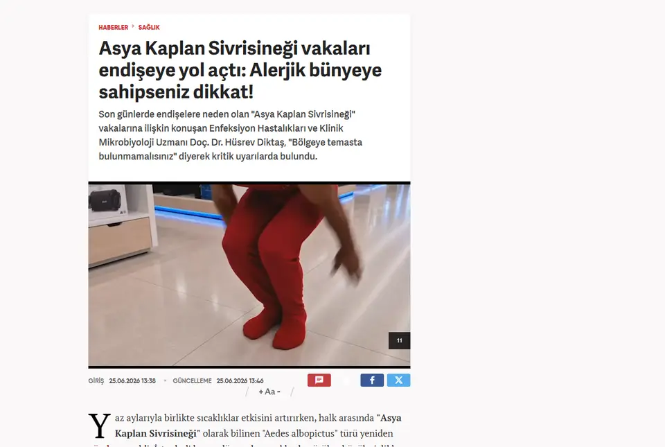 Haber7 haberi ekran görüntüsü: Asya Kaplan Sivrisineği vakaları endişeye yol açtı: Alerjik bünyeye sahipseniz dikkat!