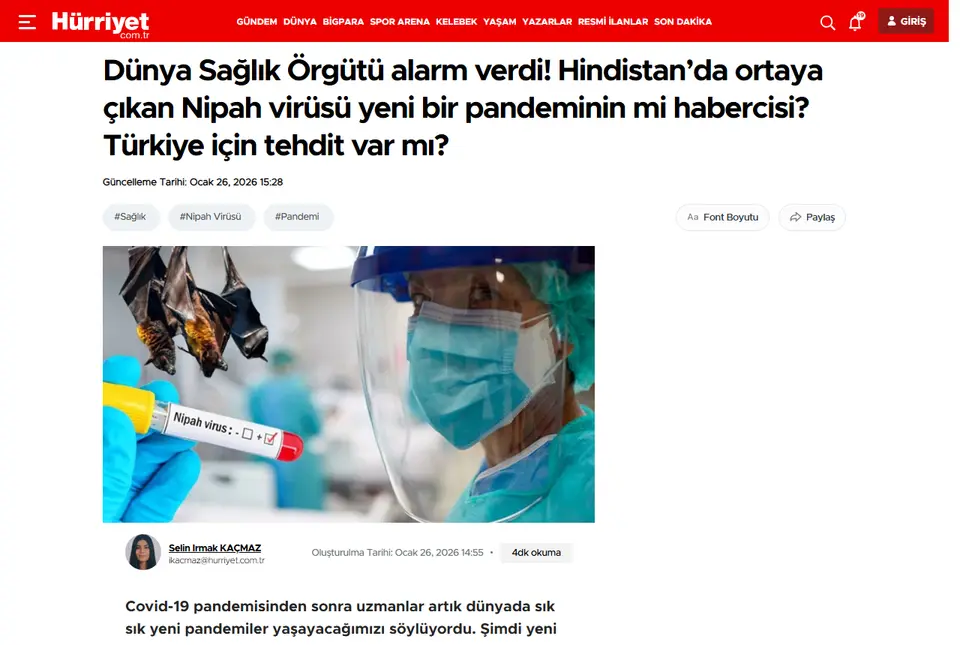 Hürriyet haberi ekran görüntüsü: Dünya Sağlık Örgütü alarm verdi! Hindistan'da ortaya çıkan Nipah virüsü yeni bir pandeminin mi habercisi? Türkiye için tehdit var mı?