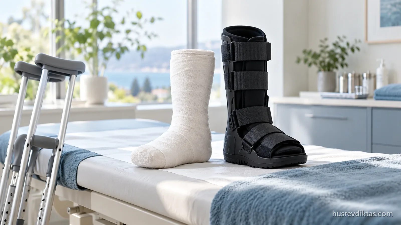 Charcot ayağı tedavisinde kullanılan total kontakt alçı ve çıkarılabilir yürüme botu, yanında koltuk değnekleri