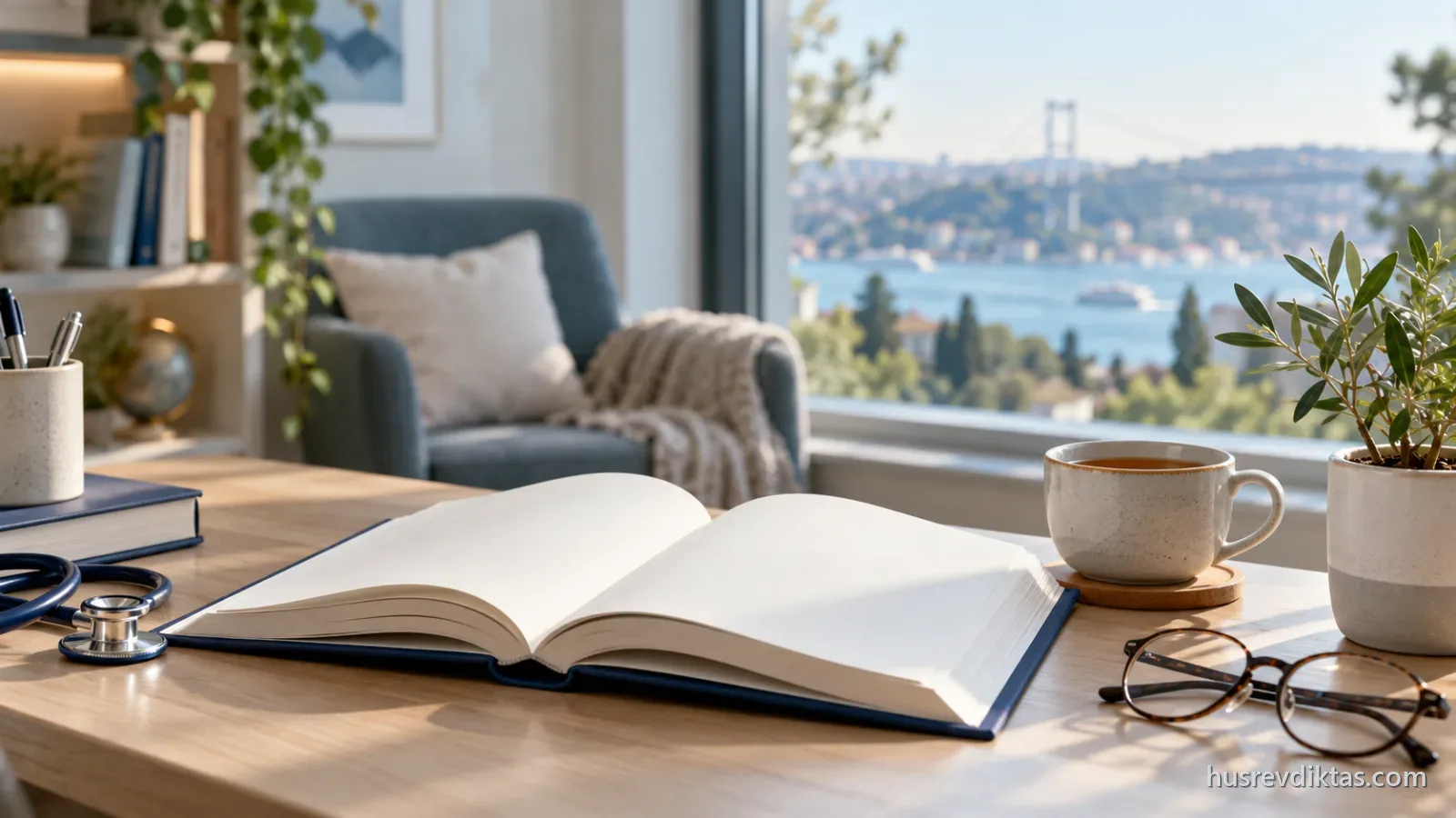Pencere kenarında açık sağlık rehberi kitabı, gözlük ve çay