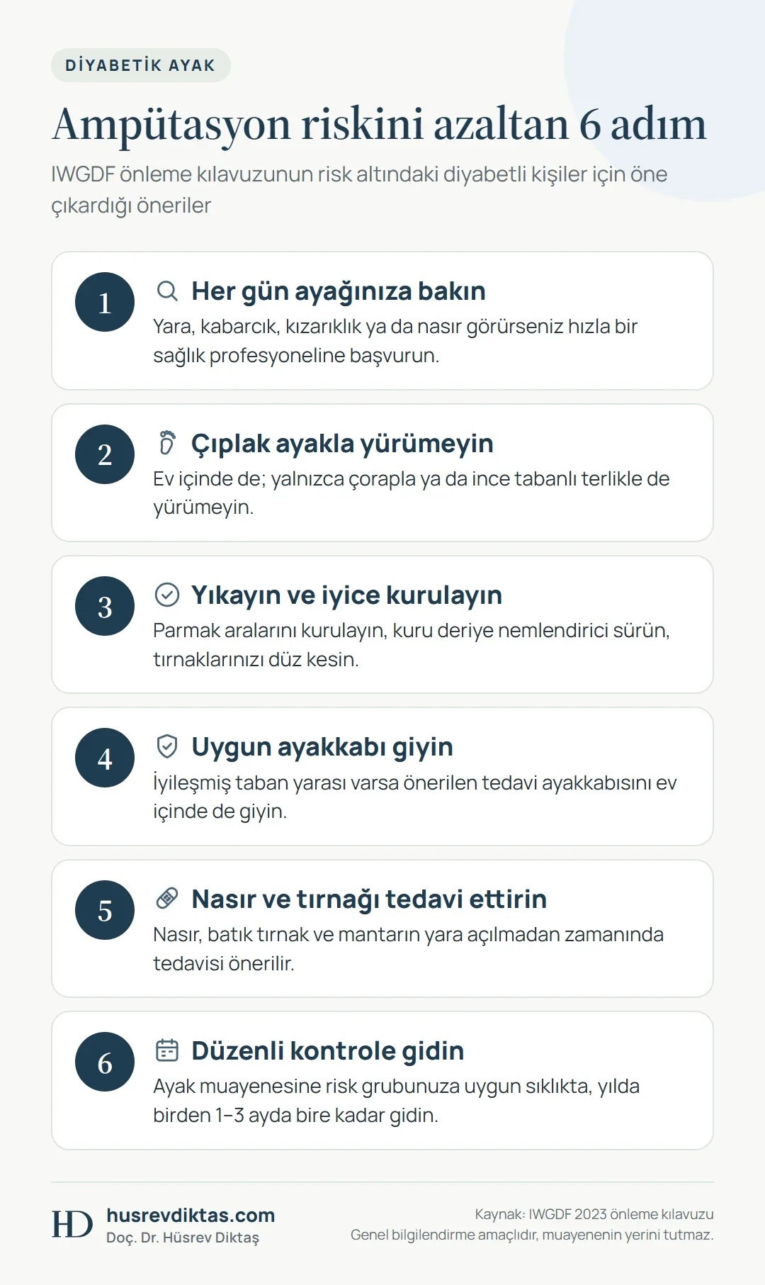 Ampütasyon riskini azaltan günlük ayak kontrolü, uygun ayakkabı ve düzenli muayene gibi 6 adımı gösteren şema