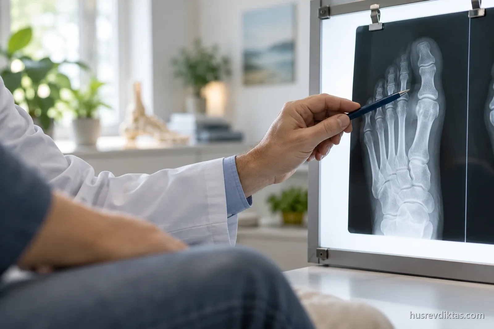 Osteomiyelit şüphesinde ayak röntgeni: hekim ışıklı panoda parmak ve tarak kemiklerini kalemle gösteriyor