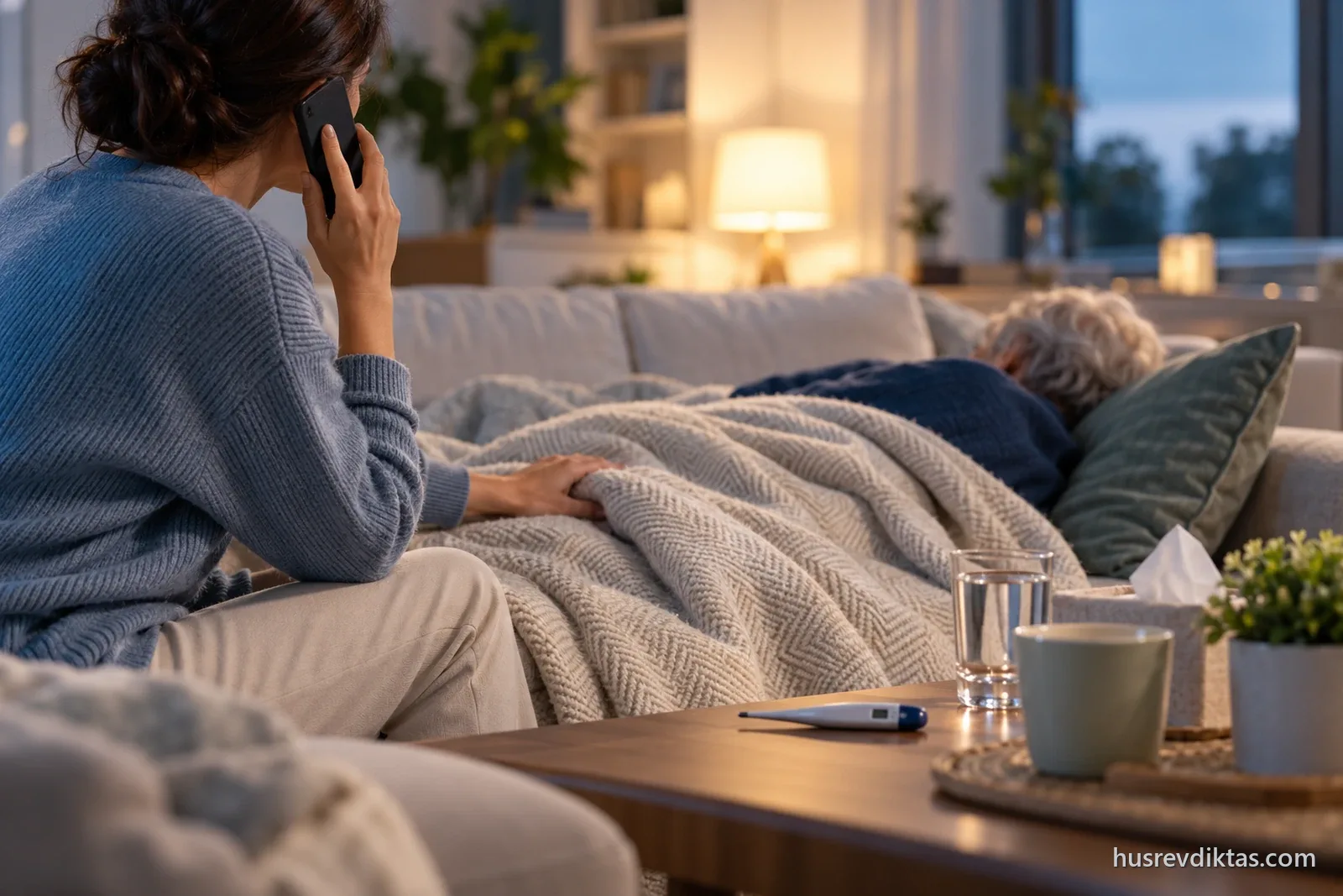 Sepsis şüphesinde 112 araması: battaniye altında yatan yaşlı yakınının yanında telefonla yardım çağıran aile üyesi