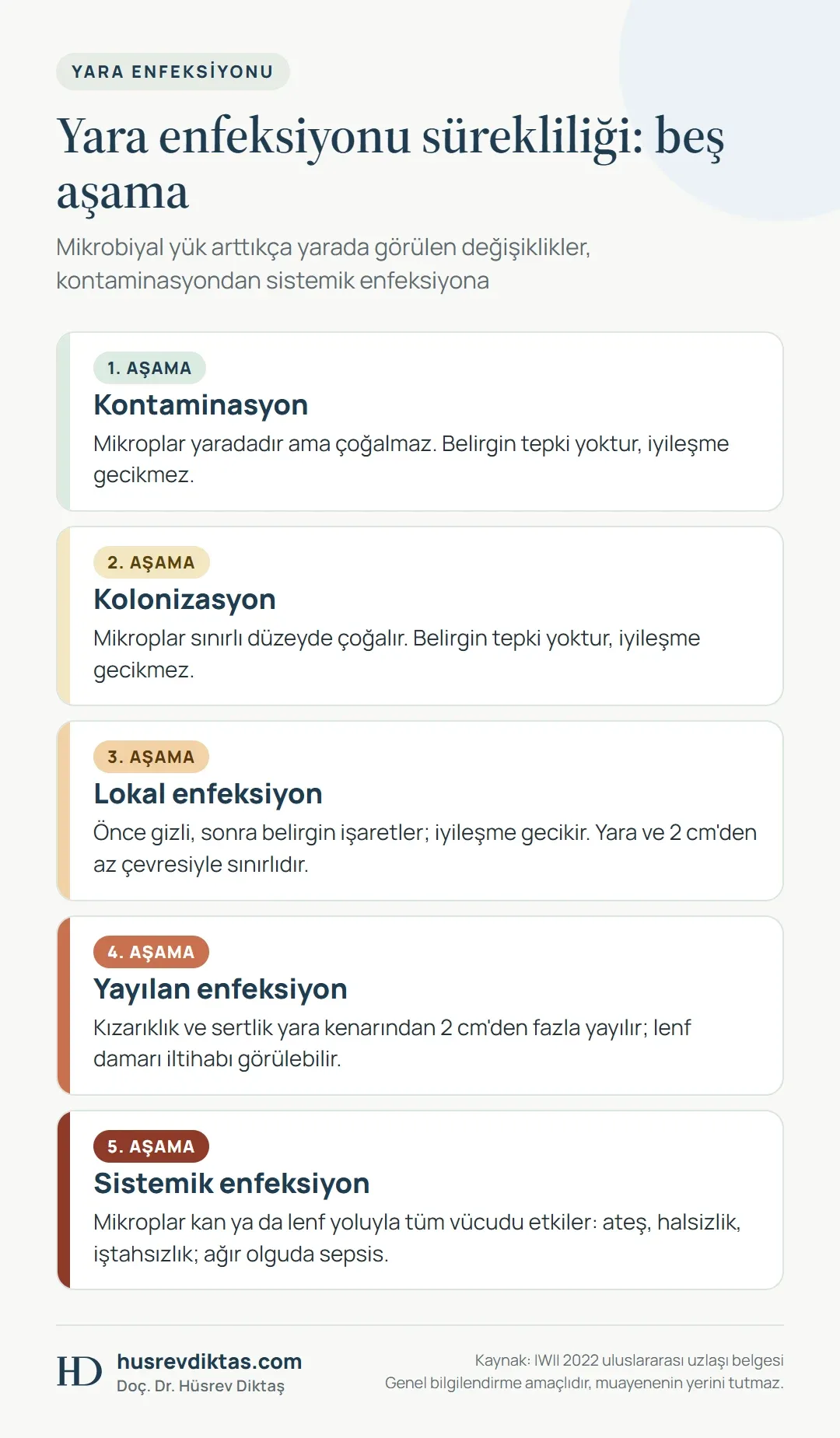 Yara enfeksiyonunun kontaminasyondan sistemik enfeksiyona uzanan beş aşamasını hafiften ağıra kartlarla gösteren infografik