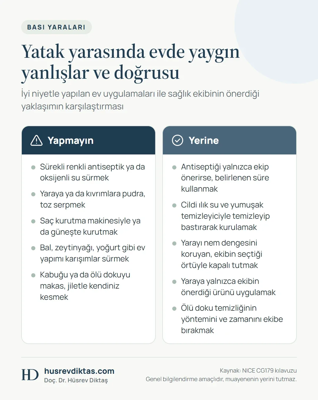 Yatak yarasında evde yapılan 5 yaygın yanlışı ve yerine yapılması gerekenleri gösteren iki kolonlu karşılaştırma