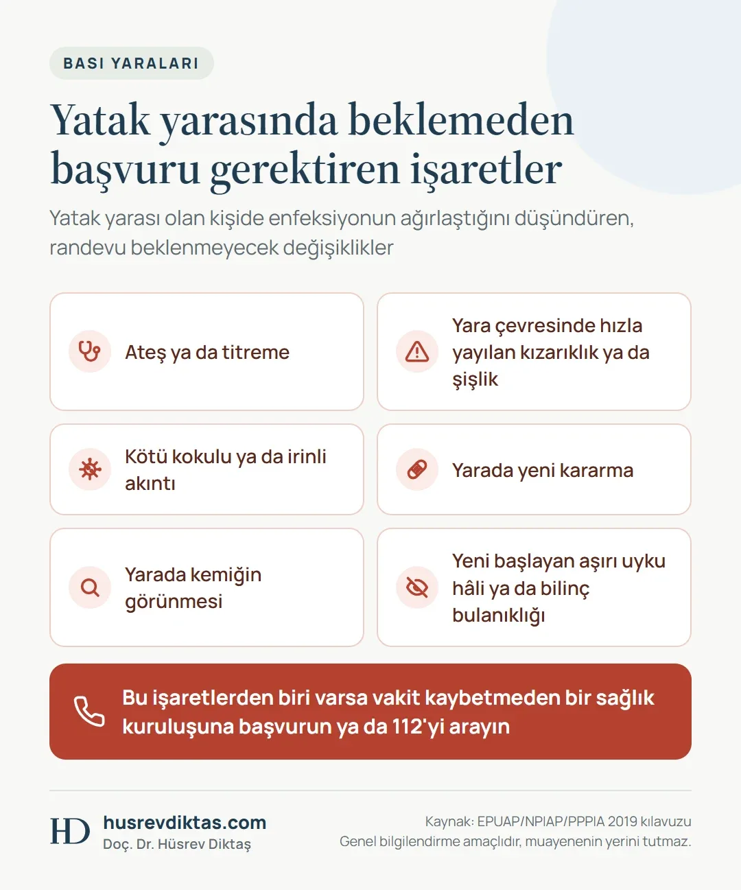 Yatak yarasında ateş, yayılan kızarıklık, irinli akıntı, kararma, kemik görünmesi ve bilinç değişikliğini gösteren kart